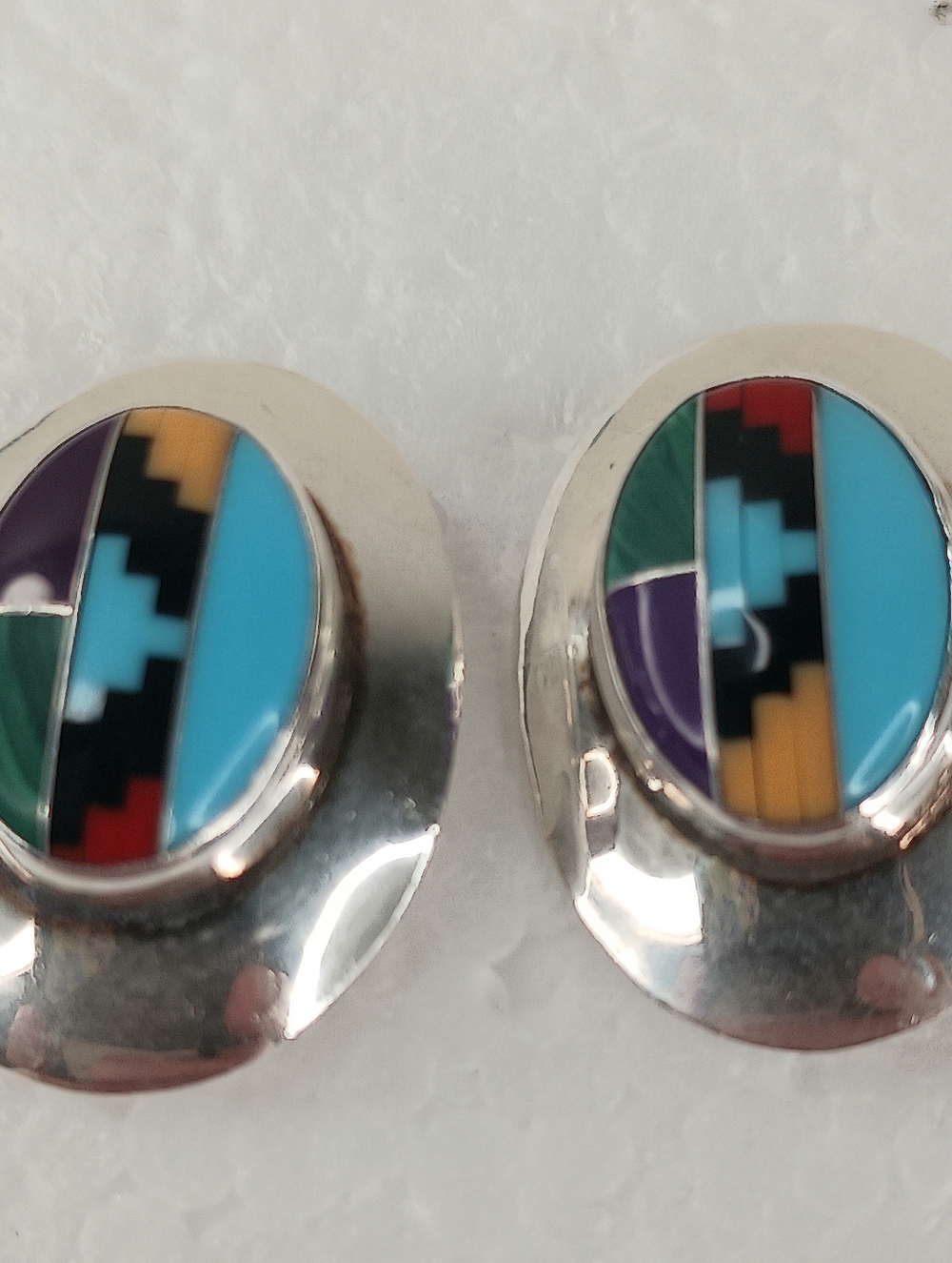 Sterling Navajo Post Earrings Inlay Turquoise Coral Onyx Malachite + Signed
